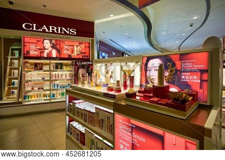 SINGAPORE - CIRCA JANUARY, 2020: Clarins personal care products on display at store in Changi Airport.