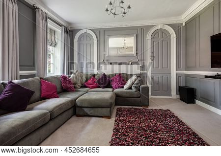 Fen Drayton, England - June 7 2018: Furnished Grand Sitting Room With Grey And White Fashionably Dec