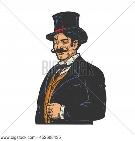 Gentleman Winking Old Fashioned Color Sketch Engraving Vector Illustration. T-shirt Apparel Print De