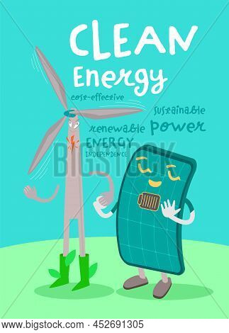 Clean Energy Vertical Poster With Funny Creative Characters.