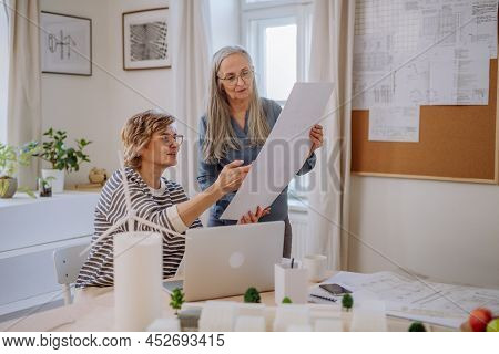 Mature Women Eco Architects With Model Of Modern Bulidings And Blueprints Working Together In Office