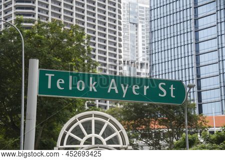 Singapore- 9 Apr, 2022: Street Sign For Telok Ayer Street In Central Business District In Singapore.