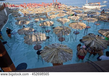 Budva, Montenegro - July 30, 2021: Ploce Beach Bar In The Water