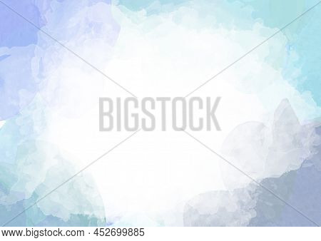 Clouds On Winter Sky. Watercolor Abstract Background. Blue, Gray And Turquoise Colorful Blobson Whit
