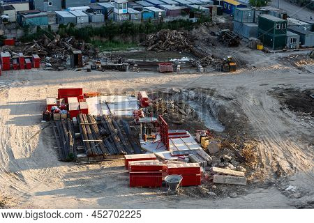 Closeup Of House Foundation Made From Concrete Shuttering Blocks Filled With Mortar And Reinforcemen