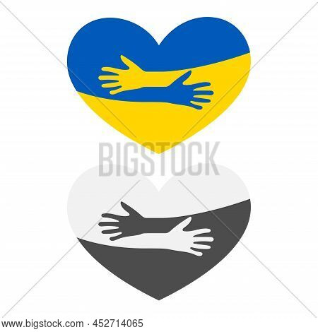 Ukraine National Flag Heart Silhouette With Hug Hands. Support Ukraine In War With Russia In 2022