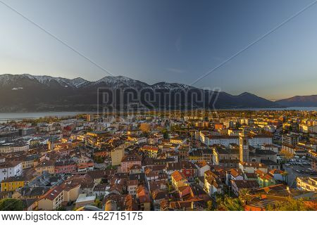 View Over Maggiore Lake And Locarno Town In Spring Sunny Morning