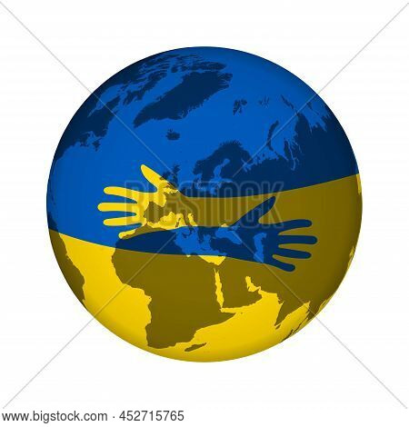 Ukraine National Flag And Map Design With Hug Hands. Support Ukraine In War With Russia In 2022