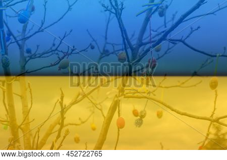Many Easter Eggs Decorated. Handmade Diy Home Exterior Decoration With Colorful Easter Eggs Hanging 