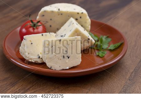 Traditional Polish White Cheese With Black Chives Seeds Made In North Poland In Kaszebe Area Near Gd