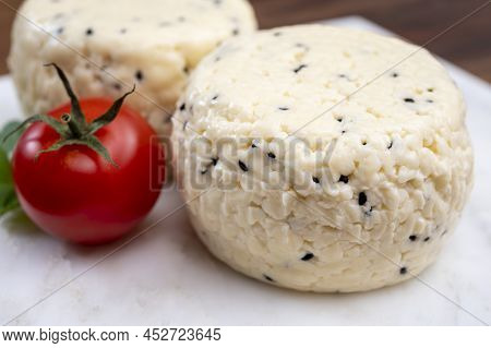 Traditional Polish White Cheese With Black Chives Seeds Made In North Poland In Kaszebe Area Near Gd