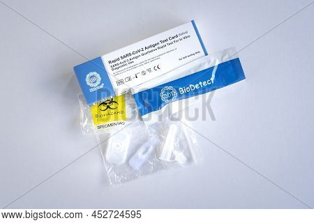 Kuala Lumpur, Malaysia - Mar 30, 2022: A Box Of Sars-cov-2 Antigen Qualitative Rapid Test Kit By Bio