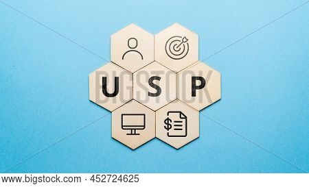 Acronym Usp Or Unique Selling Proposition. Abstract Icons And Text On Wooden Forms.