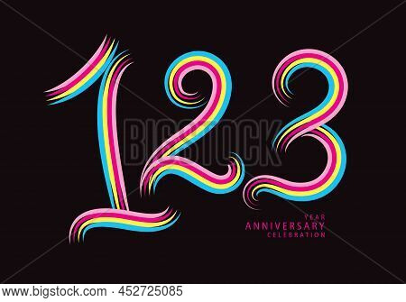 123 Years Anniversary Celebration Logotype Colorful Line Vector, 123th Birthday Logo, 123 Number, Ba