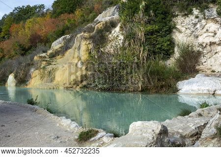Ancient Hot Thermal Springs And Blue Pool In Nature Park Dei Mulini, Bagno Vignoni, Tuscany, Italy