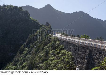 Driving On Narrow Road In Anaga National Park Near Tanagana Village, North Of Tenerife, Canary Islan