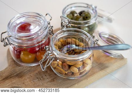 Glass Jars With Healthy Party Snacks Served In Bar, Tasty Appetisers