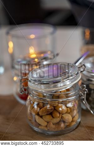 Glass Jars With Healthy Party Snacks Served In Bar, Tasty Appetisers