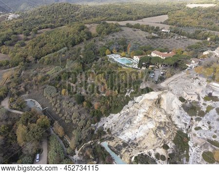Aerial View On Free Hot Thermal Springs And Pool In Nature Park Dei Mulini, Bagno Vignoni, Tuscany,