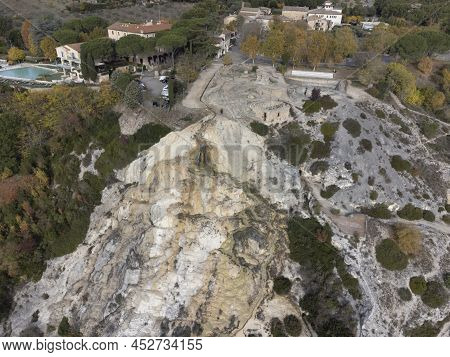 Aerial View On Free Hot Thermal Springs And Pool In Nature Park Dei Mulini, Bagno Vignoni, Tuscany,