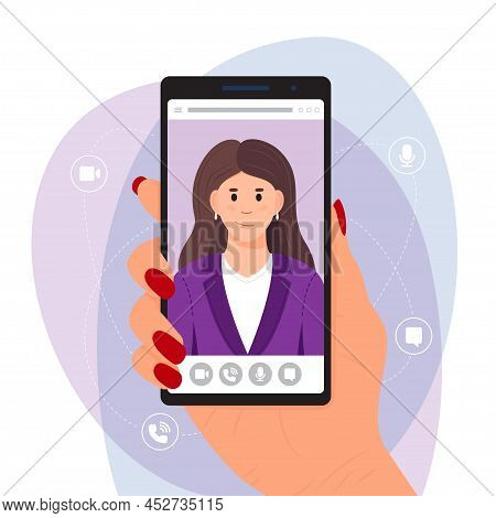 Video Call Concept. Online Video Conference, Online Meeting Concept, Banner. A Woman's Hand Is Holdi