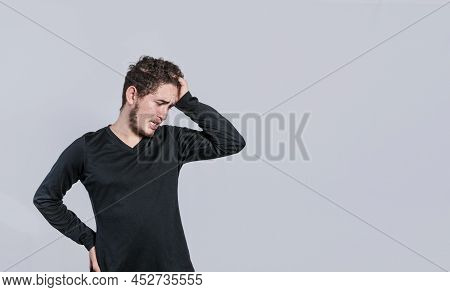 Worried Man Isolated, Worried Young Man Holding His Forehead, Tired Man Holding His Head, Man With H