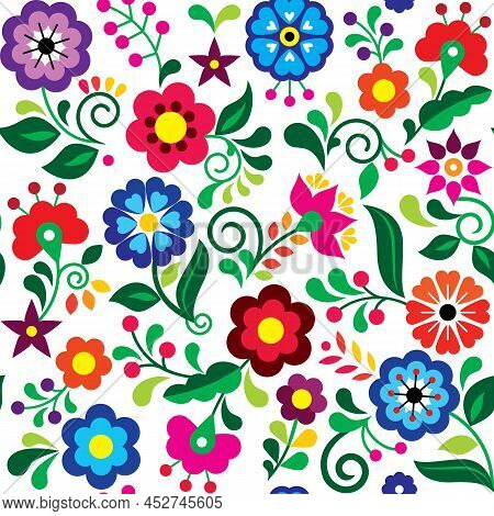 Floral Seamless Vector Pattern Inspired By Traditional Folk Art Embroidery Designs From Mexico - Tex
