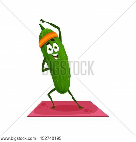 Cute Green Cucumber In Sport Band Doing Fitness Yoga Pilates Exercises On Mat Isolated Funny Cartoon