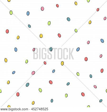 Happy Easter Seamless Pattern With Colorful Eggs On White Background. Polka Dots Design For Card, Po