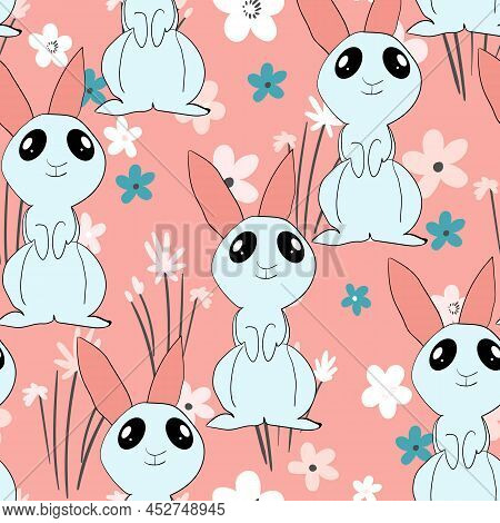 Seamless Pattern With Silhouette Easter Rabbits On Color Background. Design For Card, Postcard, Wall