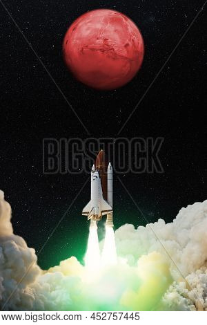 Rocket With Blast And Smoke Takes Off To The Red Planet Mars. Spacecraft Lift Off To Explore Other P