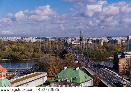 Eastern Warsaw, Poland Panoramic Aerial Day View With Buildings And Slasko-dabrowski Bridge On Vistu