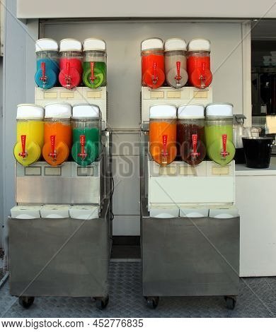 Iced Grenadine Dispenser Also Called Grattachecca In Italy That Means Scratchy With Flavors Of Many 