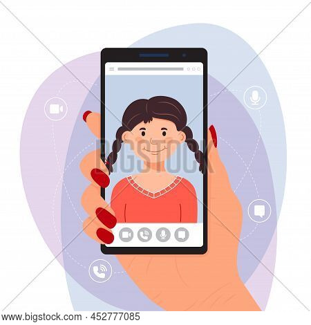 Video Call Concept. Online Video Conference, Online Meeting Concept, Banner. A Woman's Hand Is Holdi