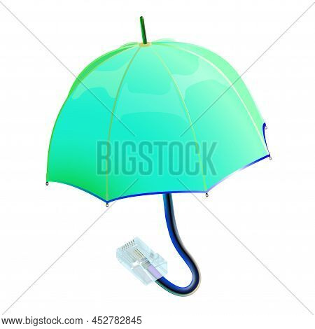 Network Security. Computer Protection Concept, Rj45 Connector Under Umbrella, Isolated On White. Ant