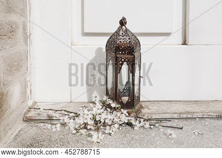 Ramadan Kareem Greeting Card, Invitation. White Flowers, Prunus Tree Blossoms And Copper Moroccan La