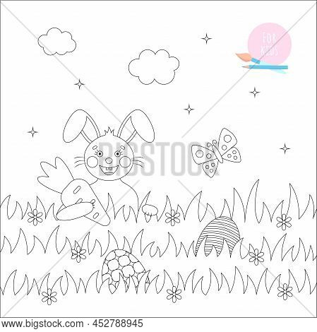 Easter Coloring Page For Kids. Cute Rabbit With A Carrot On A Lawn. Vector Illustration In A Flat St