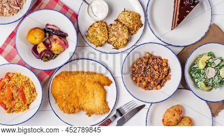 Schnitzel From Chicken, Fried Potatoes, Salad With Avocado, Zucchini Pancakes, Chicken Cutlets, Choc