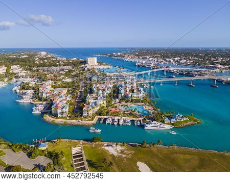 Harborside Villas aerial view and Paradise Island Bridge at Nassau Harbour, from Paradise Island, Bahamas.