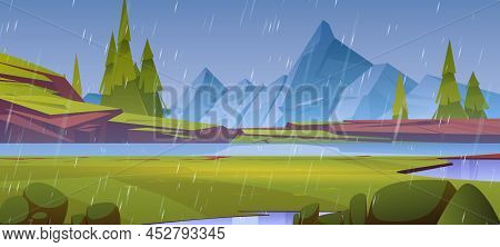 Mountains Pond Or Lake At Rainy Day Nature Landscape. Scenery Rock Peaks, Green Grass Field And Wate