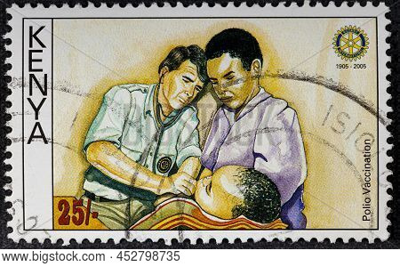 Kenya - Circa 2005: A Kenyan Postage Stamp Showing Polio Vaccinaion. Rotary International, Cent.