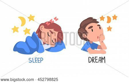 Kids Engaged In Different Activities Set. Sleep And Dream Action Verbs For Children Education Cartoo