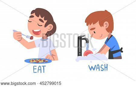 Kids Engaged In Different Activities Set. Eat And Wash Action Verbs For Children Education Cartoon C