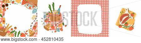 Picnic Party Poster Set. Summer Bbq Party Invitation Frame With Picnic Basket, Picnic Blanket Bbq Fo