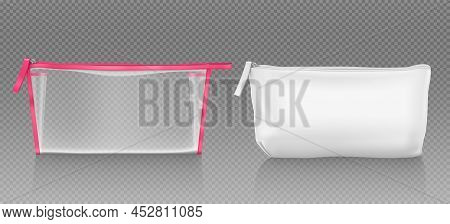 White And Transparent Cosmetic Bag With Zipper For Makeup And Beauty Tools. Vector Realistic Mockup 
