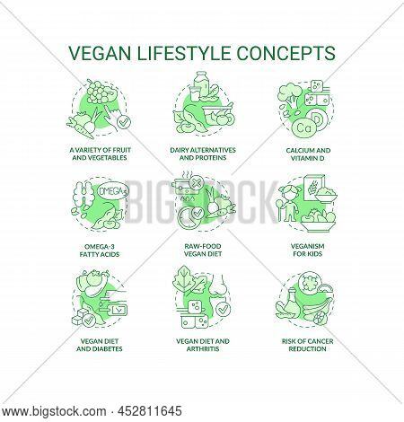 Vegan Lifestyle Green Concept Icons Set. Plant Based Nutrition. Abstain Animal Product Idea Thin Lin