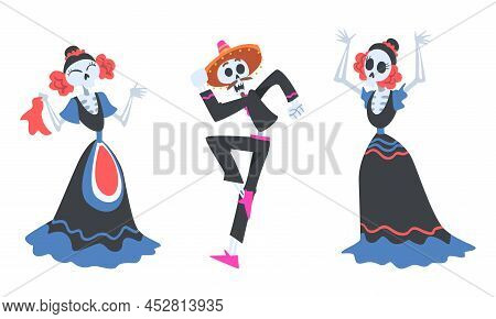 Mexican People Dancing Wearing Traditional Clothes Set. Mexican Skeleton Party At Day Of The Dead Ca