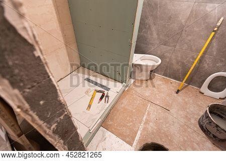 Under Construction New Bathtub Remodeling A Home Bathroom, Plumbing Pipe System For New Sinks.