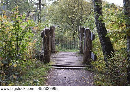 Wooden Bridge In Light Late Summer Forest