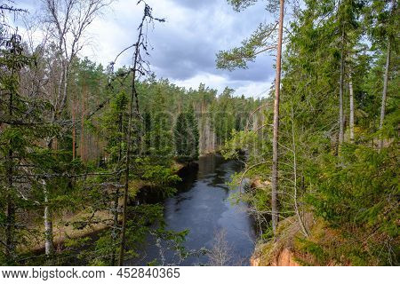 View To The River Salaca From High Sandstone Cliff In Skanaiskalns Nature Park In April In Mazsalaca